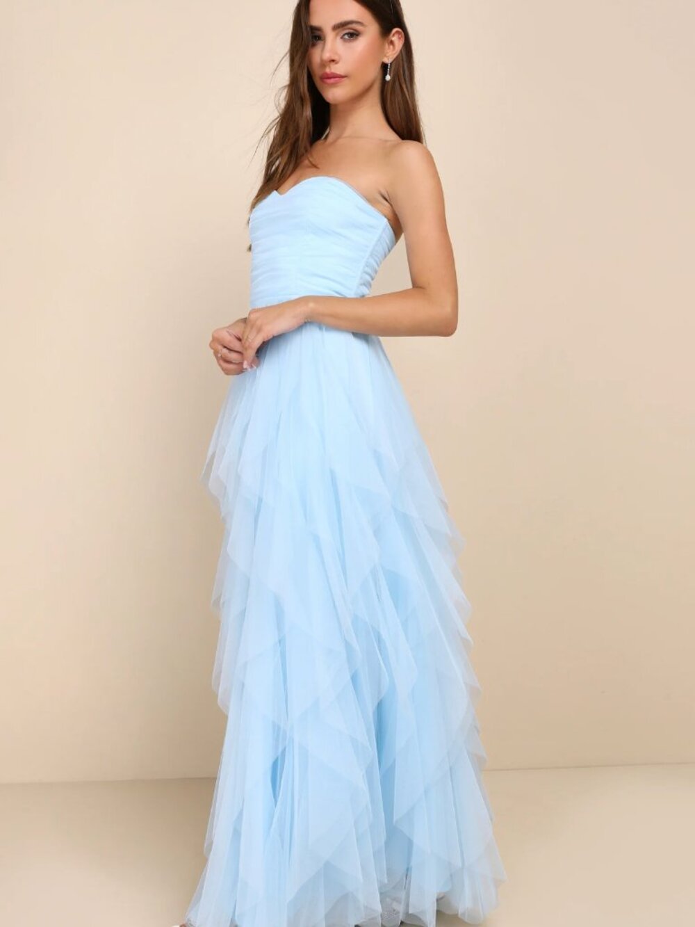 Lulus Delightful Beauty Blue Mesh Strapless Ruched Ruffled Maxi Dress - Small - Picture 2 of 4